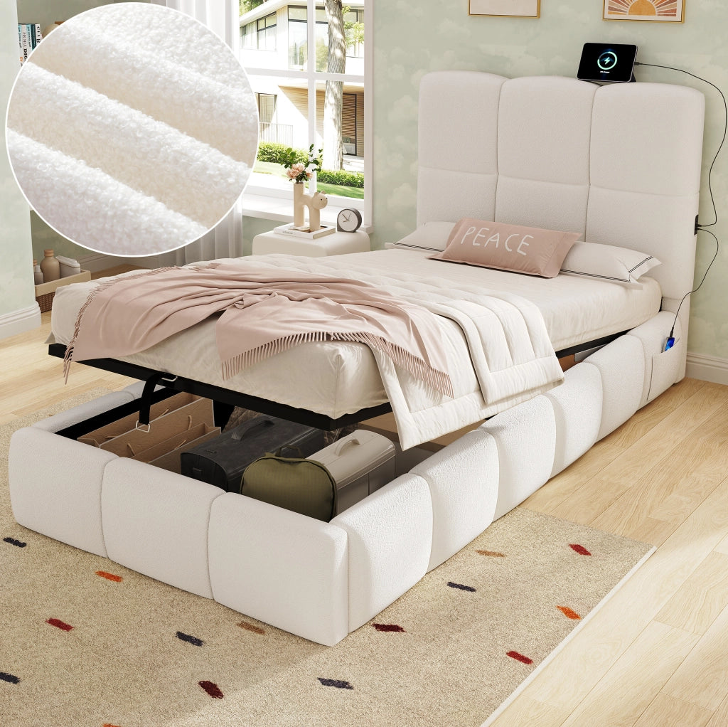 Letto singolo imbottito 90x200 cm con contenitore; rete inclusa; bouclé beige