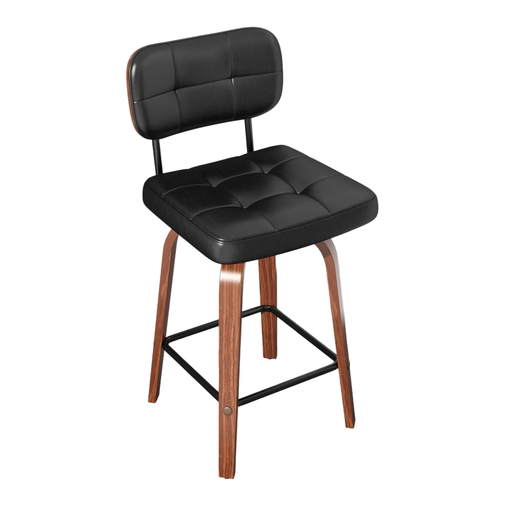 Sgabello da bar con schienale ergonomico e anello antiscivolo, in legno massello e similpelle, nero e noce scuro