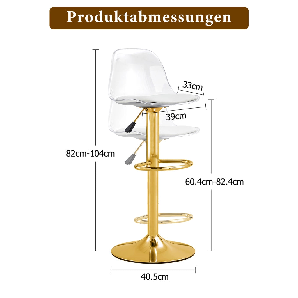 Set di 2 sgabelli da bar con schienale trasparente; altezza regolabile; seduta girevole; metallo e plastica; Oro Trasparente