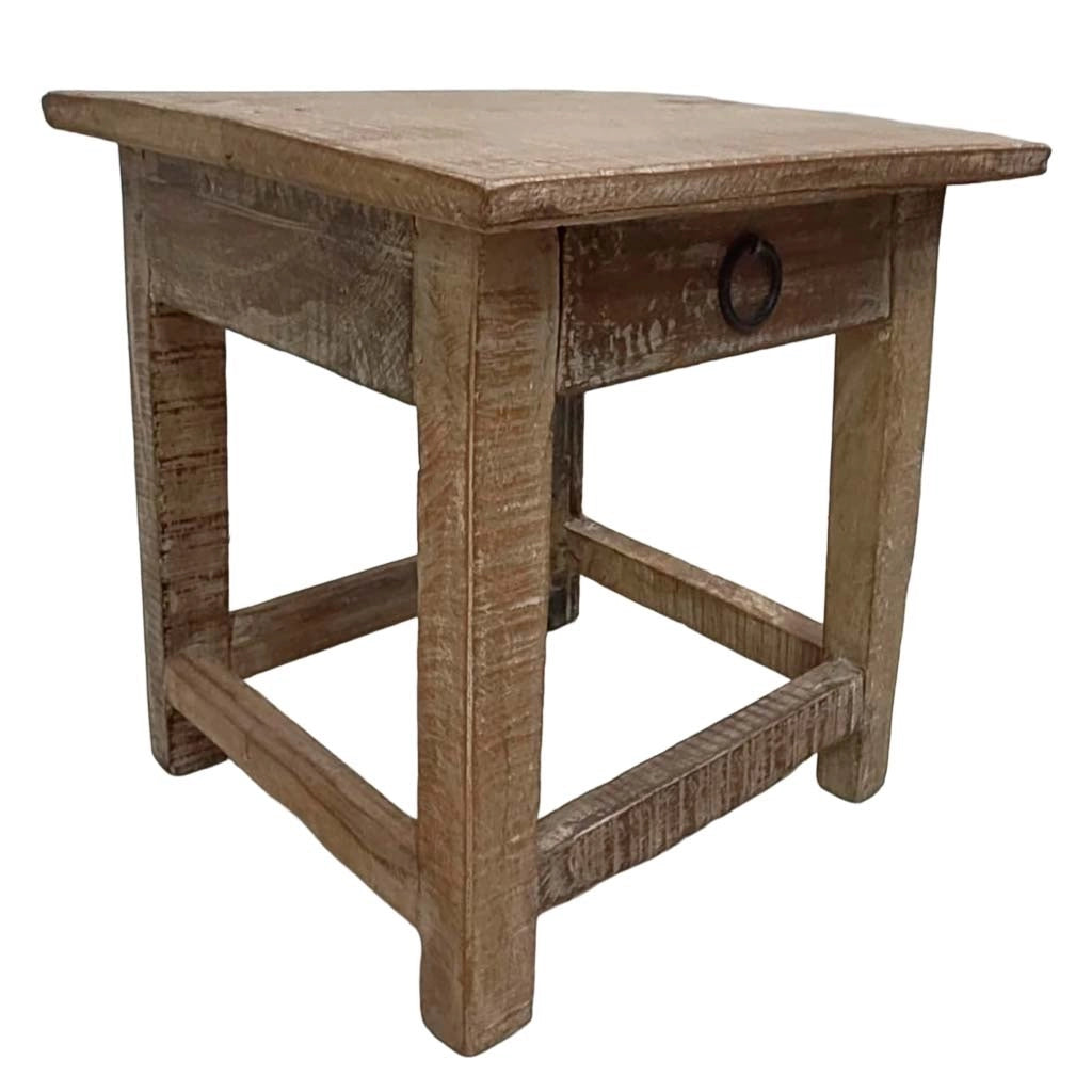 Sgabello con cassetto in legno con finitura artigianale marrone 25x25x29 h cm