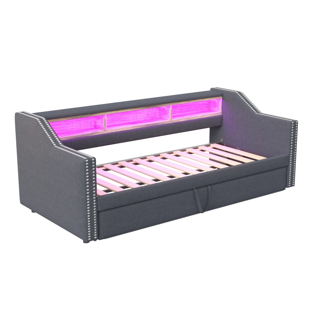 Divano letto estraibile 90/180x190 cm con ripiani, LED e USB grigio scuro
