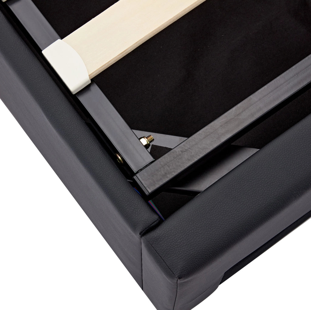 Letto imbottito 90x200 cm in PU nero con USB; LED e contenitore