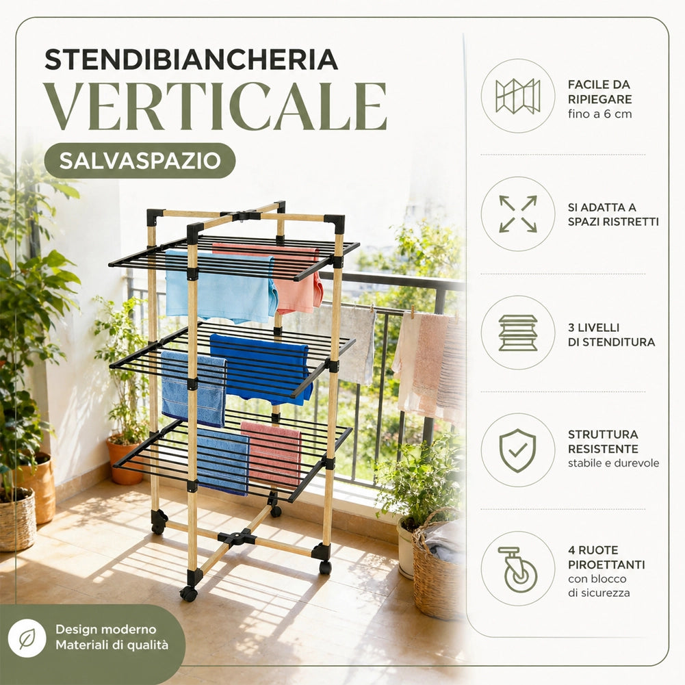 Stendibiancheria a Torre Verticale Pieghevole a 3 Livelli 69x136x69cm con Ruote