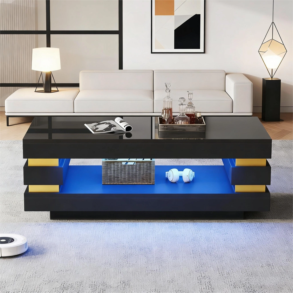 Tavolino da Caff¨¨ con Vano Contenitore e LED ¨C MINIMAL ¨C MDF Nero Lucido 100x50x35