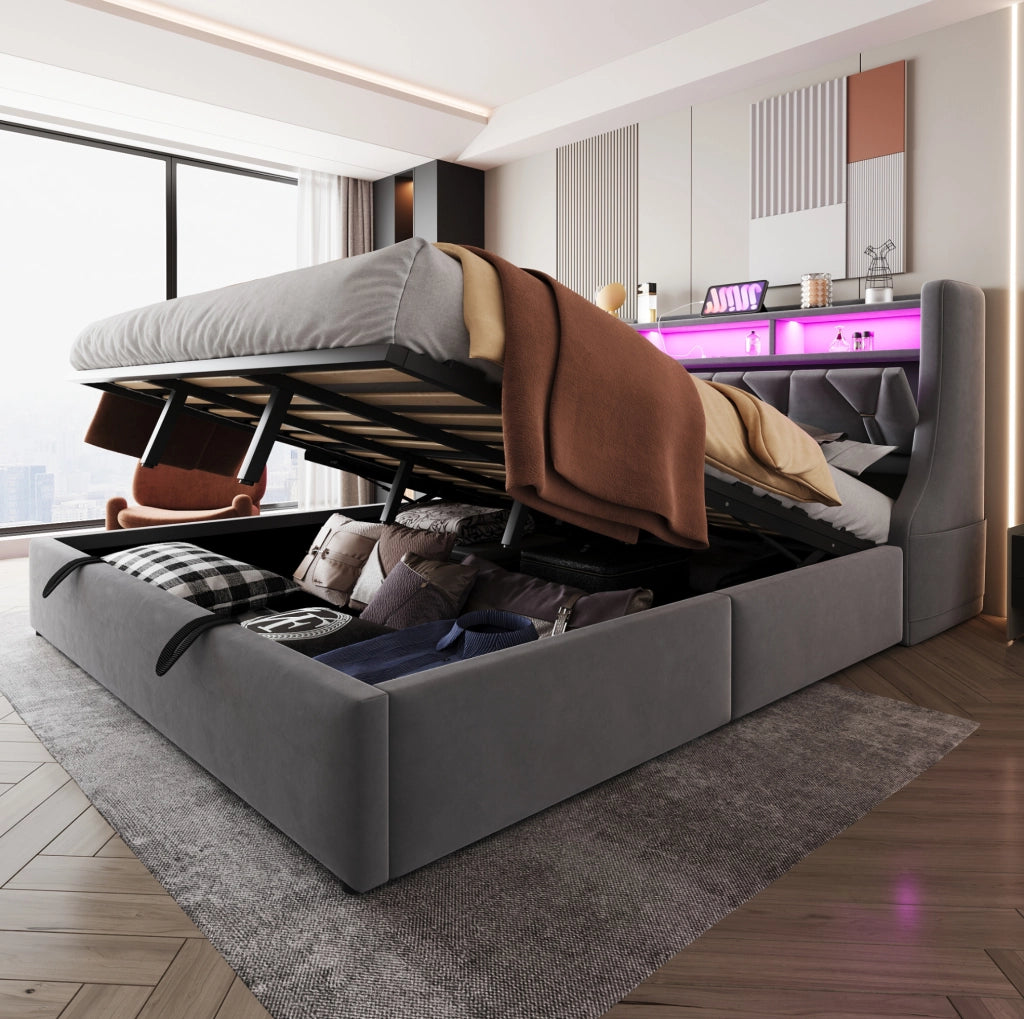 Letto contenitore imbottito 180x200 cm con LED, prese integrate e testiera con vano