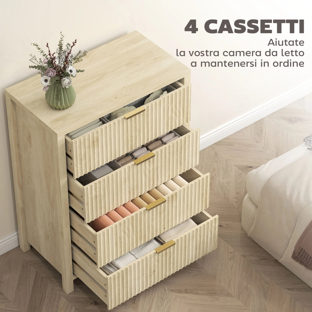 Cassettiera con 4 Cassetti Design Canettato 70x38x93 cm Maniglie Dorate in MDF Color Legno