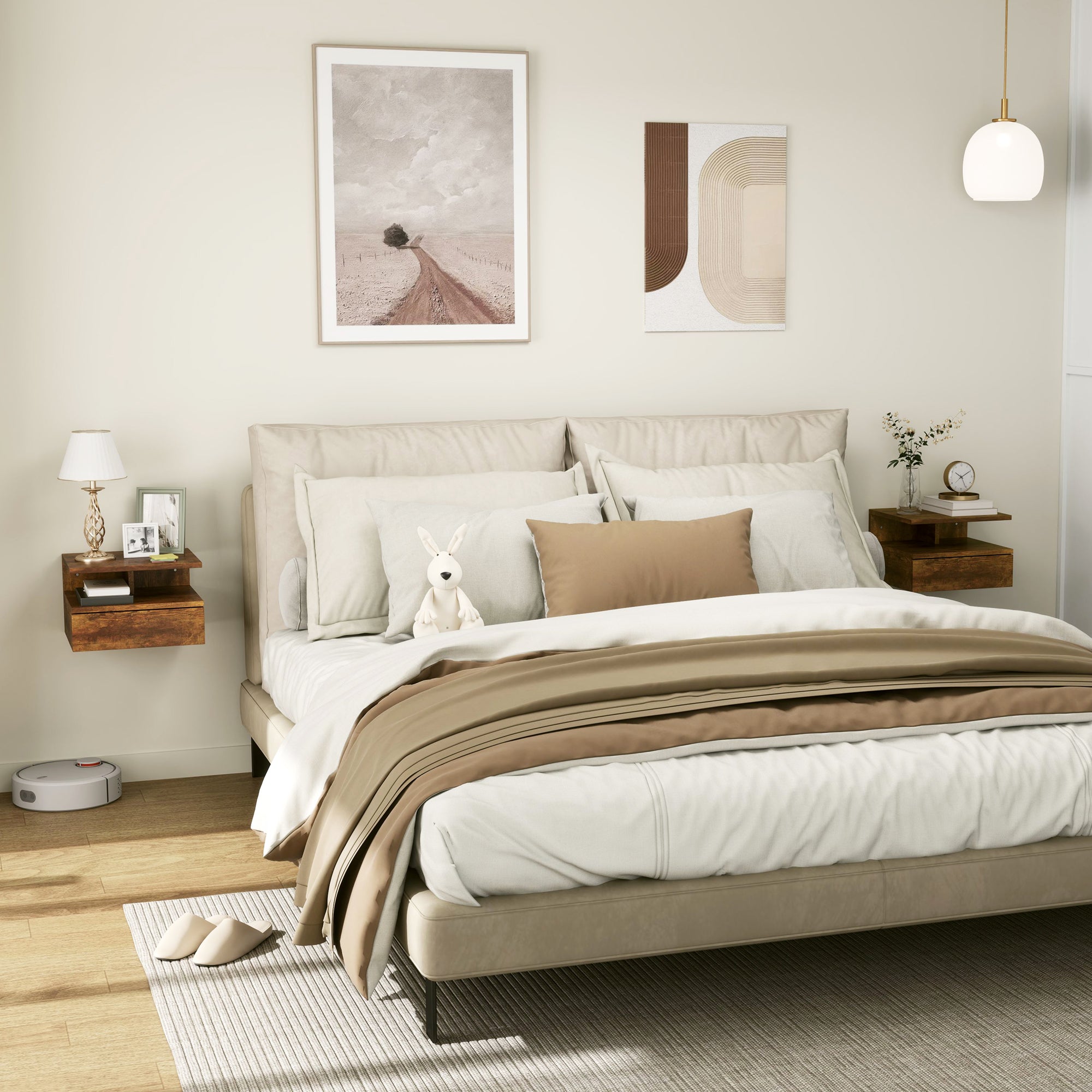 Set 2 Comodini Sospesi per Camera da Letto 35x32x22,5 cm con Cassetto in Legno Marrone