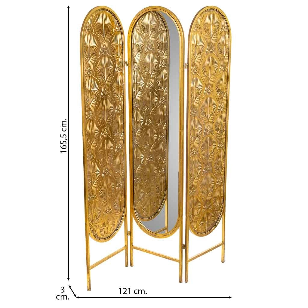 Paravento a 3 foglie in metallo con specchio centrale dorato 121x3x165,5h