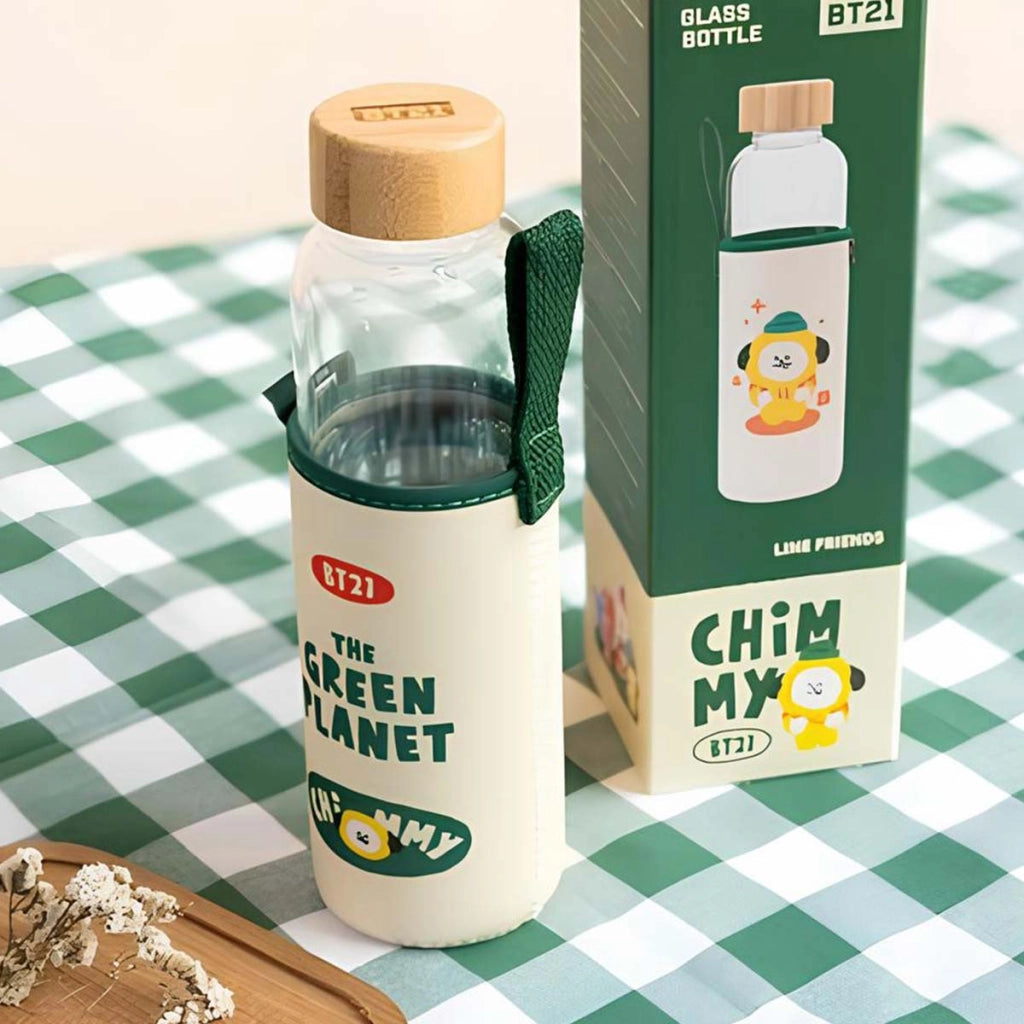 Borraccia in vetro riutilizzabile da 500 ml con motivo CHIMMY e custodia Bianco / Verde Line Friends BT21