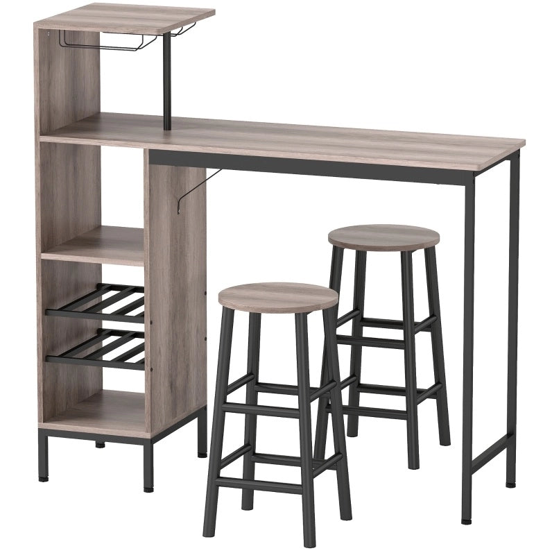 Set tavolo bar 3 pezzi 121.5x40x122 cm con portabottiglie e portabicchieri in MDF grigio