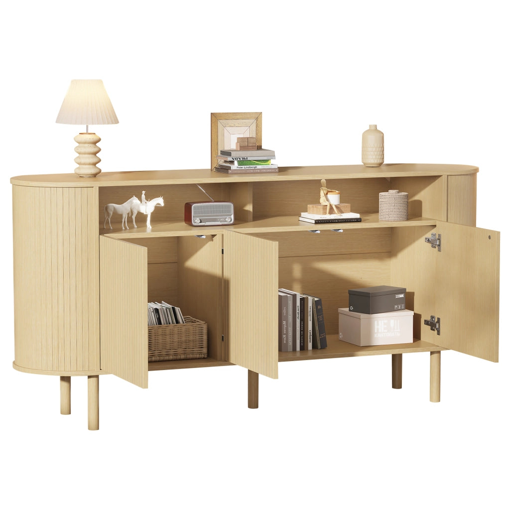 Credenza Sideboard 160 cm con 3 ante a onde, 2 vani aperti, struttura in truciolare e gambe in legno massello