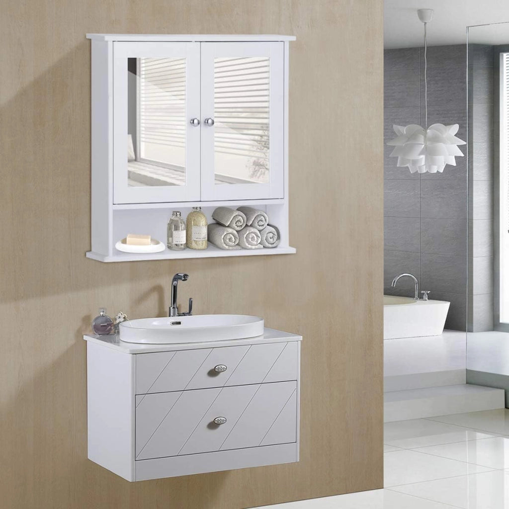 Armadietto da Bagno con Specchio, Armadietto da Parete con Ripiano Regolabile, Mobile da Parete per Bagno, 56 x 12,5 x 58 cm (Bianco)
