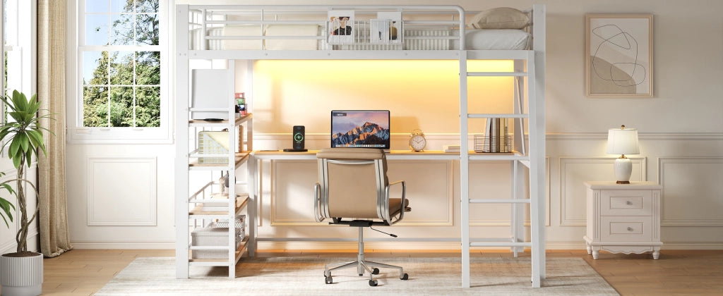 Letto a soppalco 140 × 200 cm con scrivania integrata, 4 ripiani, LED e USB, senza materasso, bianco