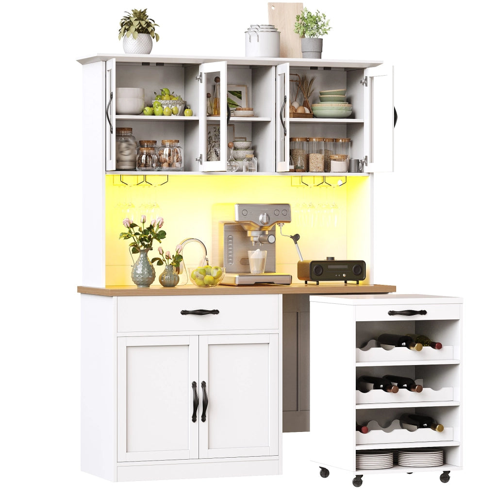 Credenza 140x38x180 cm con carrello estraibile; illuminazione LED regolabile; MDF e metallo; bianco