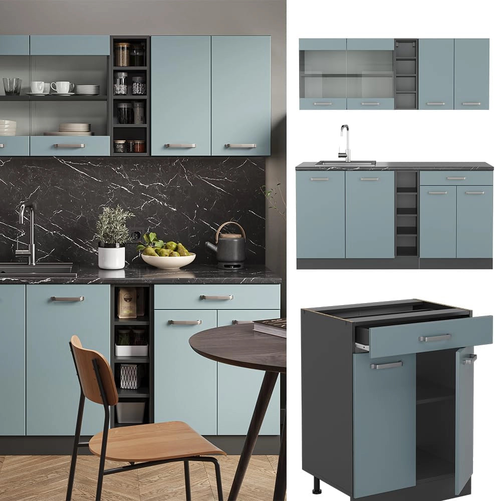 Cucina completa R-Line, Blu-grigio/antracite, 160 cm, PL Marmo, adatto per l'espansione individuale con moduli aggiuntivi