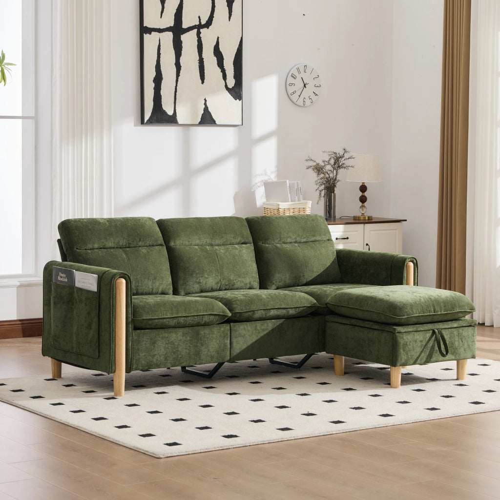 Divano angolare reversibile a 3 posti con vano contenitore e tasche laterali in Chenille Verde