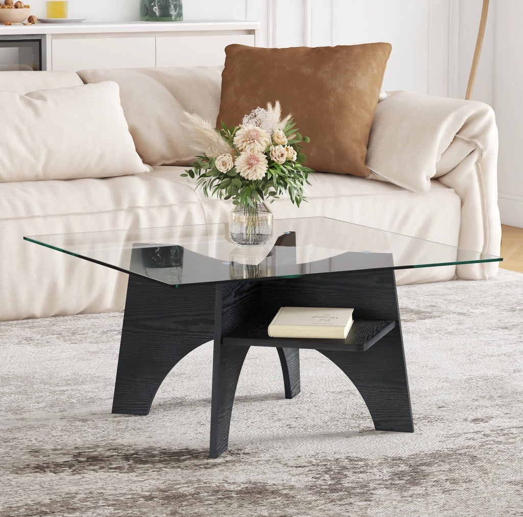 Tavolino da caffè quadrato 80 cm in vetro e MDF nero