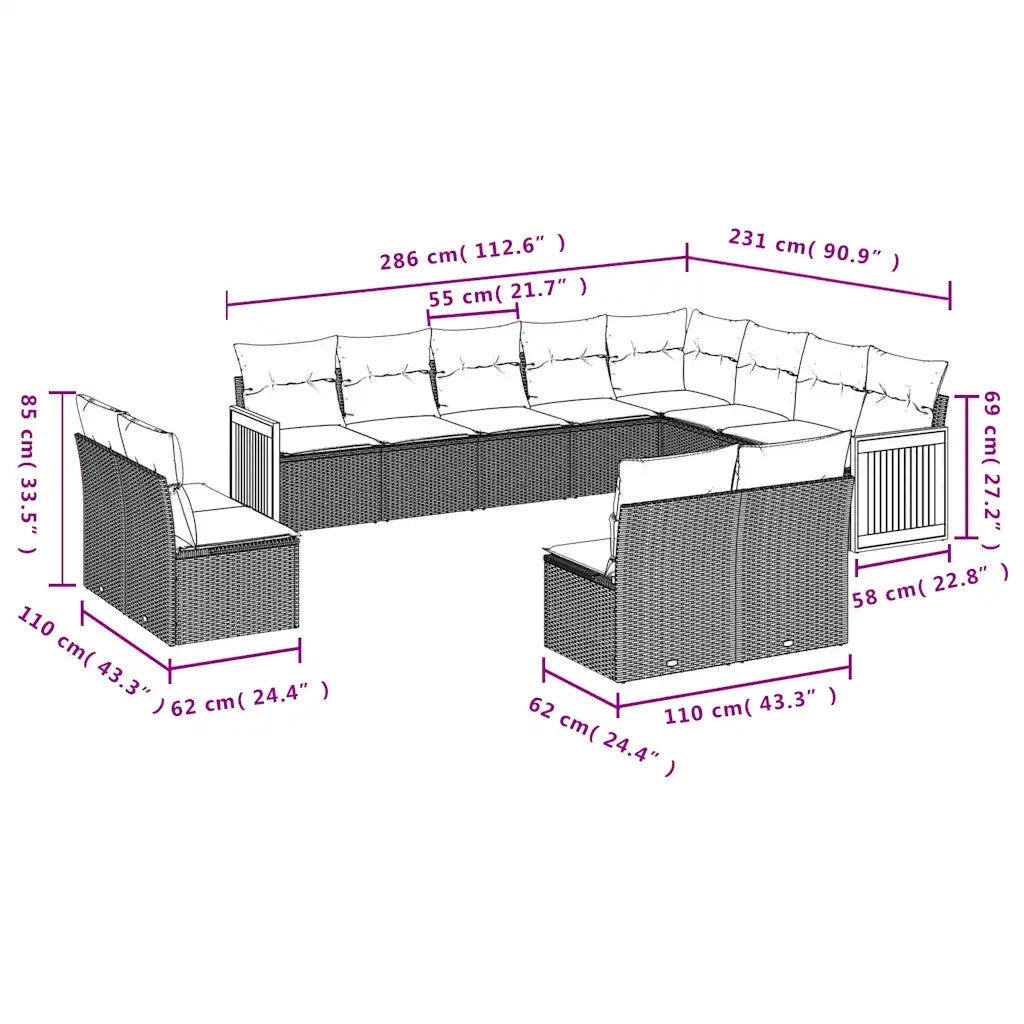 Set Divani da Giardino 12 pz con Cuscini Grigio in Polyrattan 3228154