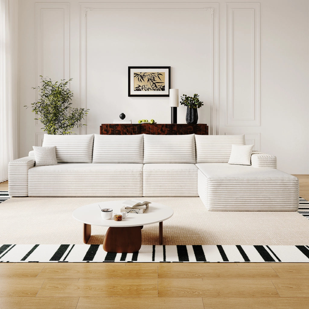 Divano angolare modulare in tessuto con schiuma ad alta elasticità e chaise longue a L bianco per soggiorno