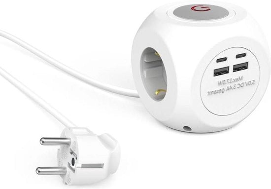 Scatola di alimentazione Multi-cubo con interruttore - 14 m cavo di estensione - 3 prese di corrente - F Schuko - 2 USB-A - 2 USB-C - 3680 W - 16 A - ufficio cucina soggiorno laboratorio garage PC