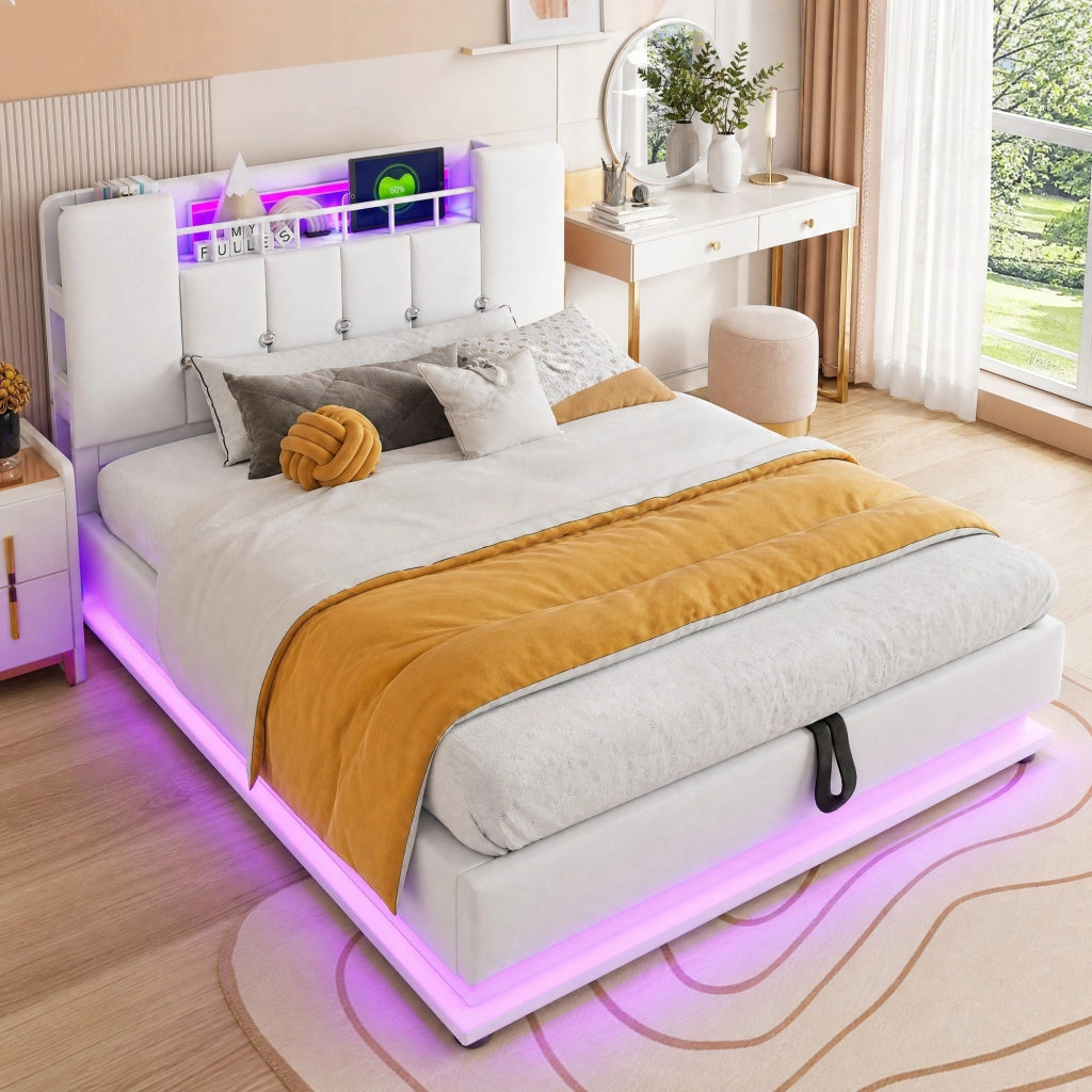 Letto imbottito per bambini 90x200 cm con LED, USB e contenitore idraulico, beige