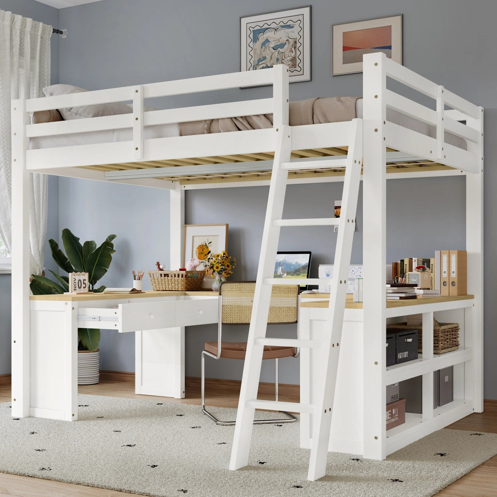 LETTO A CASTELLO con tavolo a U 140x200 cm bianco/naturale in legno e MDF