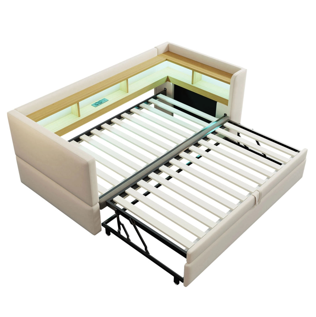Divano letto estraibile 90/180x190 cm con LED, prese e vani beige