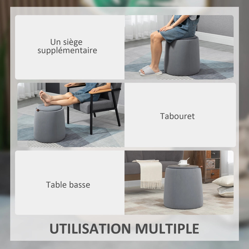 Pouf con contenitore e poggiapiedi in tessuto velluto ¨C zephmum ¨C grigio ?44x47.5cm