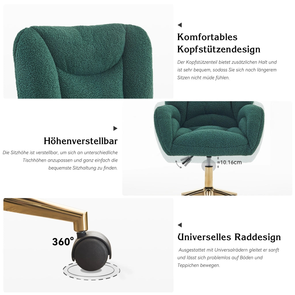 Sedia da ufficio girevole regolabile in altezza con ruote a 360°; base in metallo dorato; verde; 64 × 62 × 92.5 cm