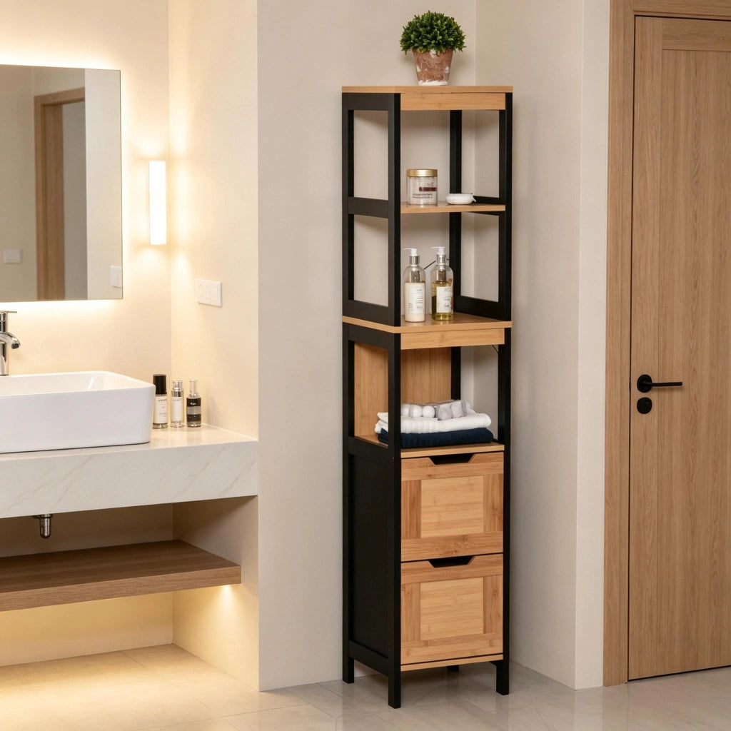 ARMADIO BAGNO alto 30x30x144,3 cm Bambù e MDF Nero/Naturale