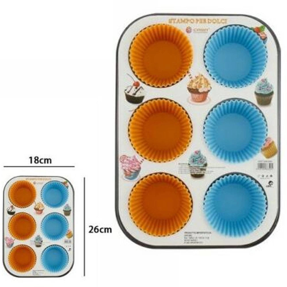 Trade Shop - Stampo Teglia Vassoio Antiaderente Per 6 Muffin Dolci Con Pirottini In Silicone -