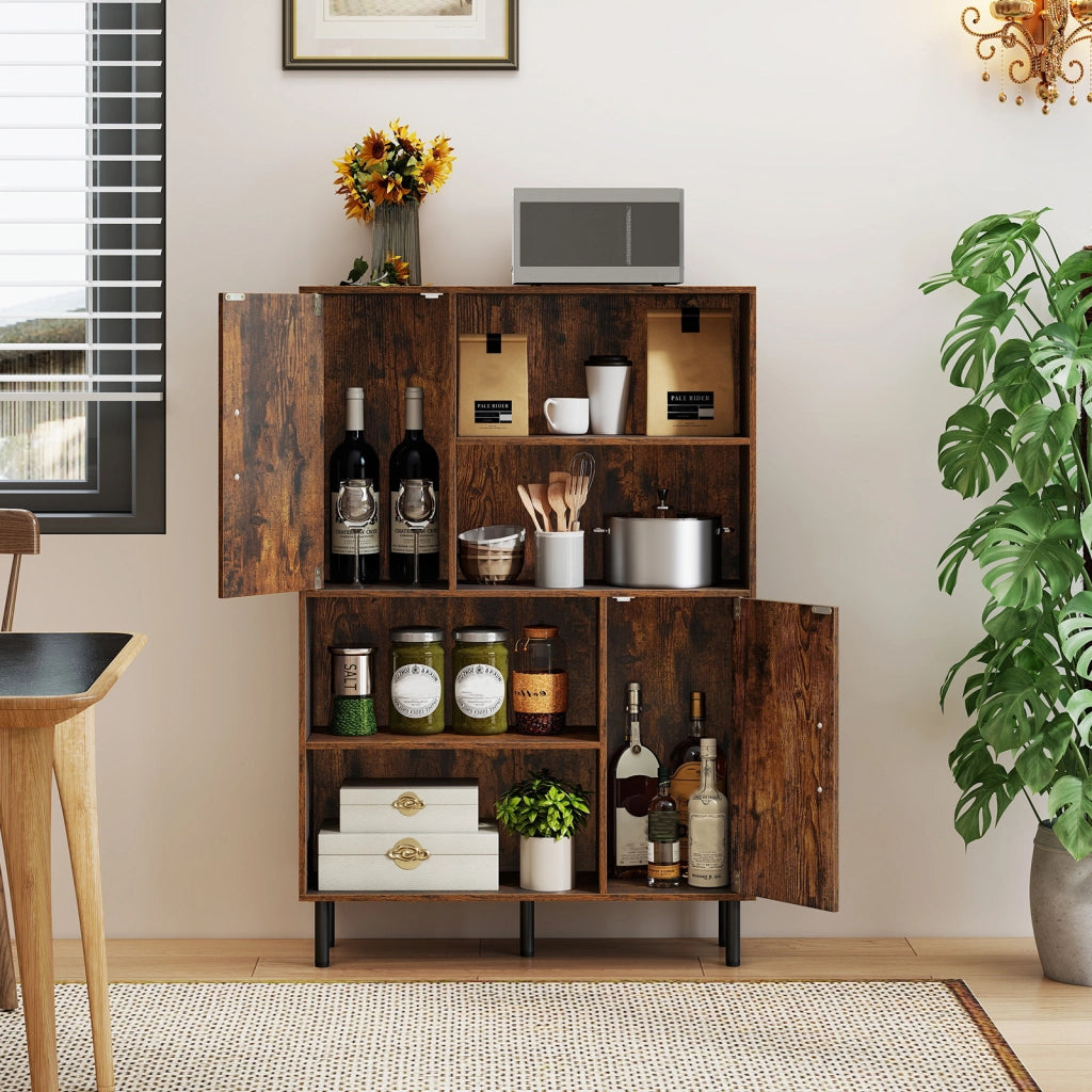 Credenza mobile da cucina con 2 ante 4 ripiani aperti e 5 gambe in metallo, Libreria verticale in legno Marrone