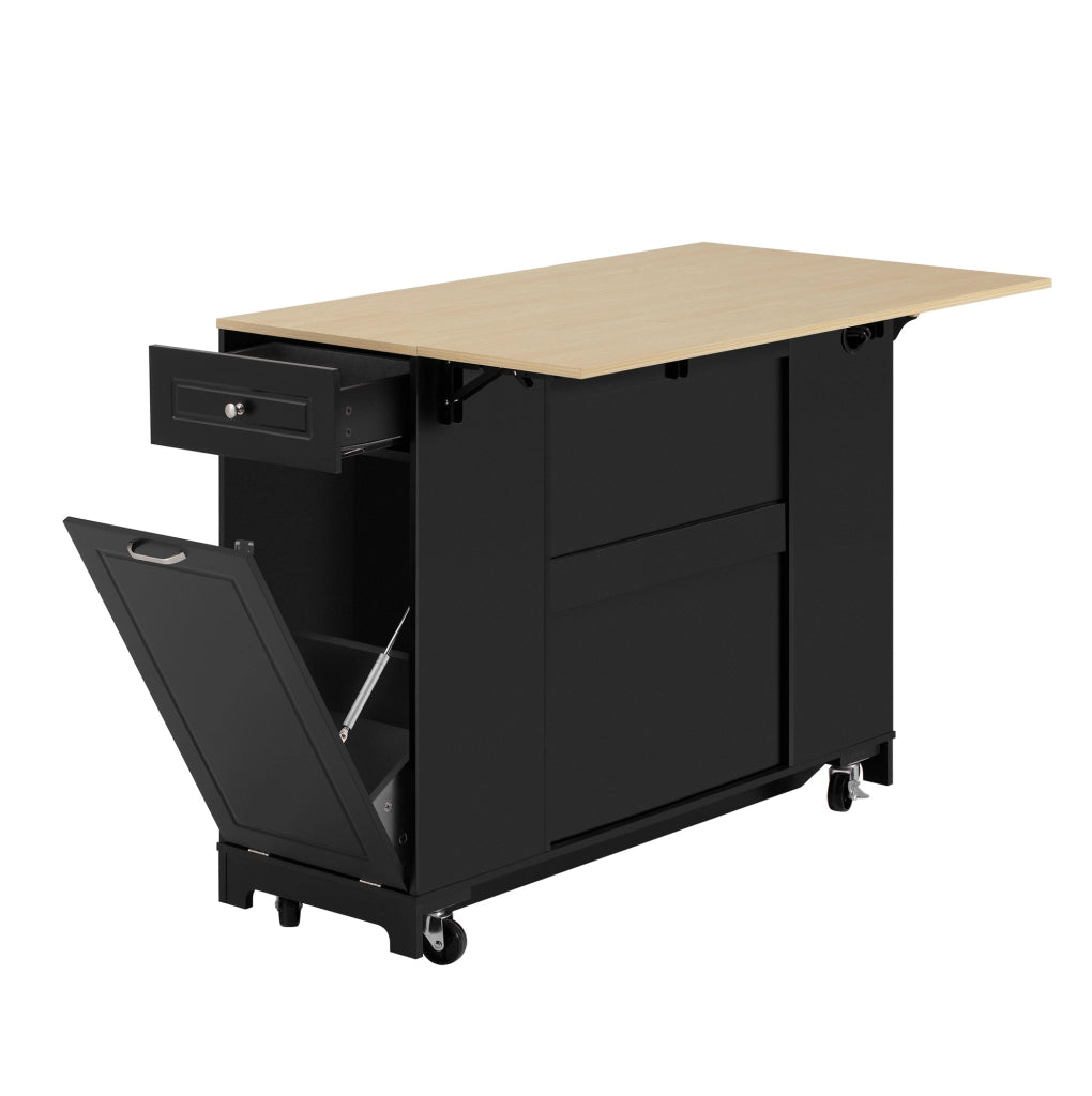 Isola cucina 131.8x40-70x93.3 cm con piano ribaltabile e prese integrate in MDF nero e naturale