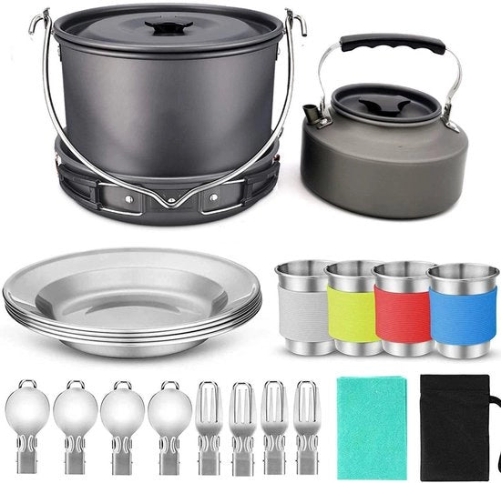 Kit di Cucina da Campeggio 22 pezzi – Grande Pentola Cucina Pannello Cottura – Per 4 Persone – Cucina all'Aperto, Campeggio, Picnic