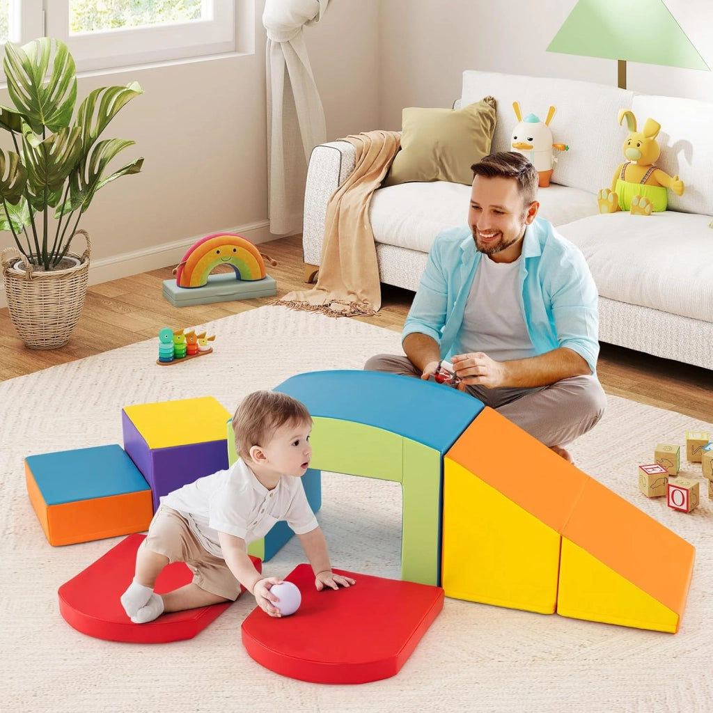 6 Blocchi di Schiuma per Arrampicata, Gioco Morbido per Bambini, Set di Costruzioni Colorate per Arrampicarsi e Strisciare con Tunnel, Scale e Rampetta per Bambini 12 Mesi + (Colorato)