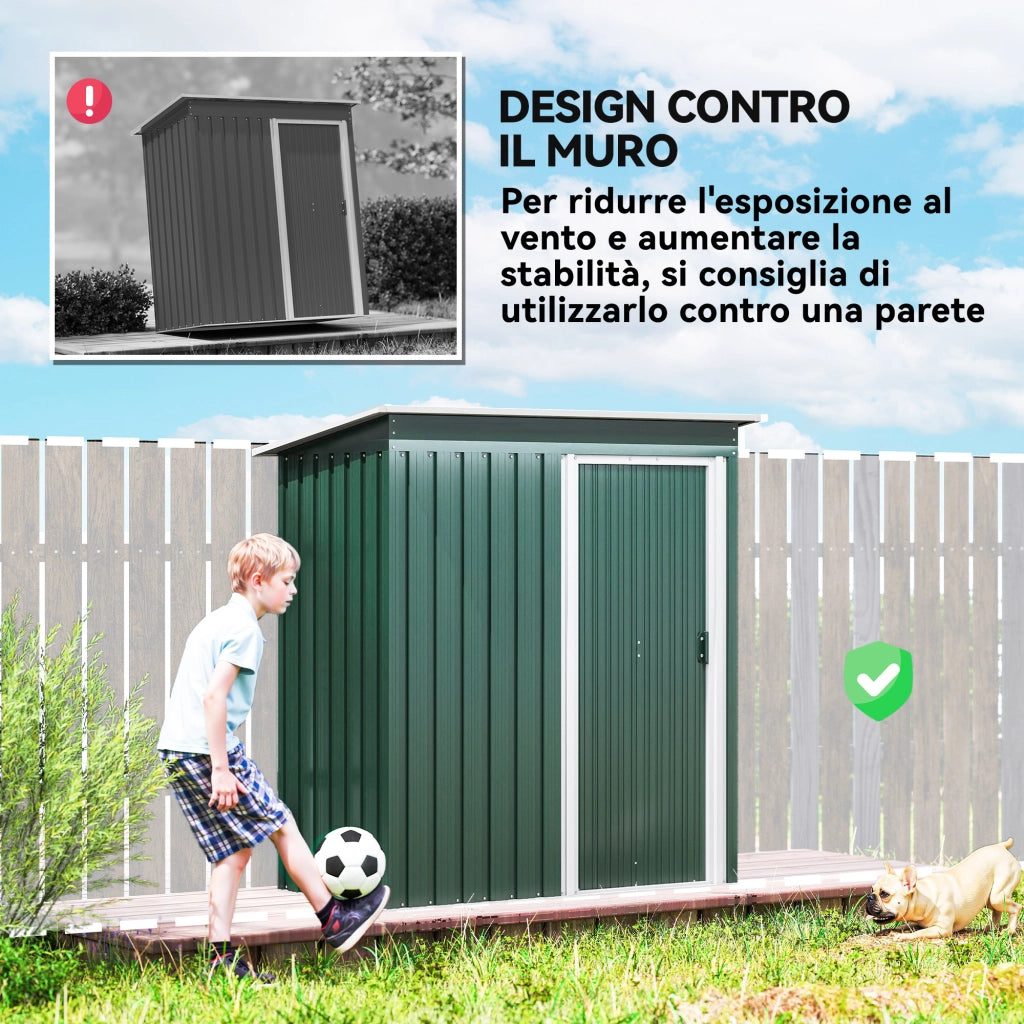 Capanno Attrezzi con Tetto Inclinato e Porta Scorrevole, in Acciaio Zincato, 163x89x182 cm, Verde