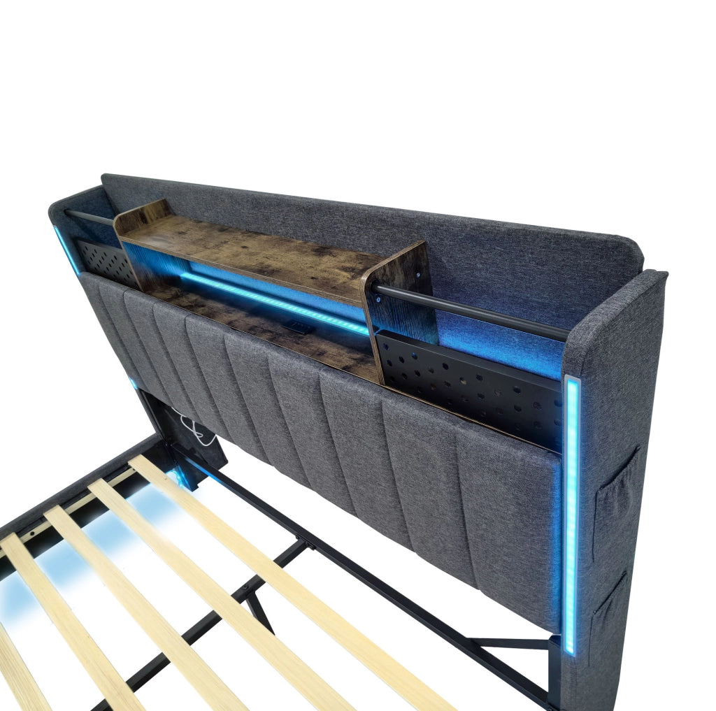 Letto matrimoniale imbottito 140x200 cm con LED; porta USB e contenitore; grigio