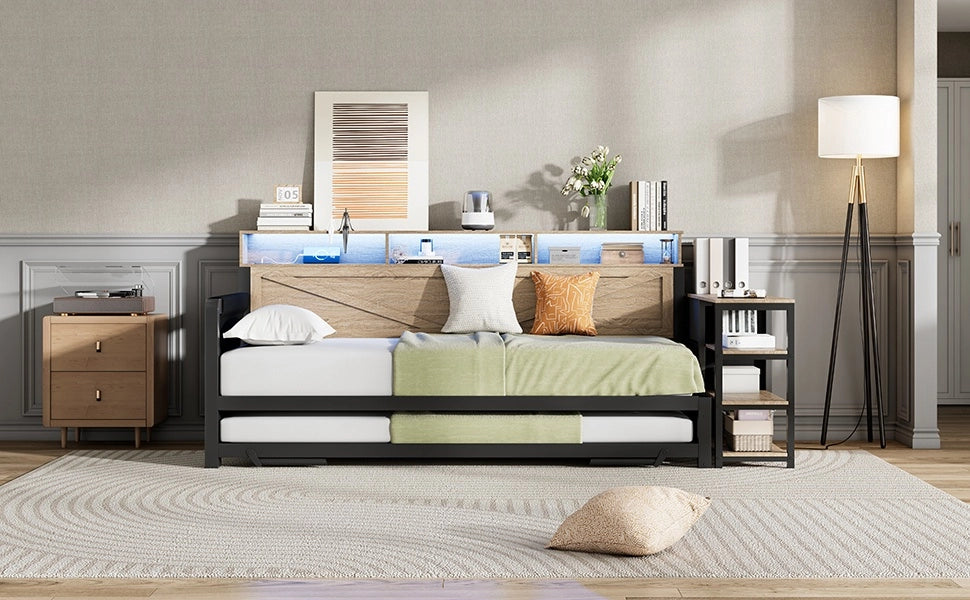 Divano letto in metallo 90x200 nero, letto estraibile regolabile, letto con 3 cassetti, LED e USB