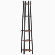 Appendiabiti a 4 livelli, autoportante, con 8 ganci e 4 ripiani, stile industriale, in metallo e truciolato, colore marrone.