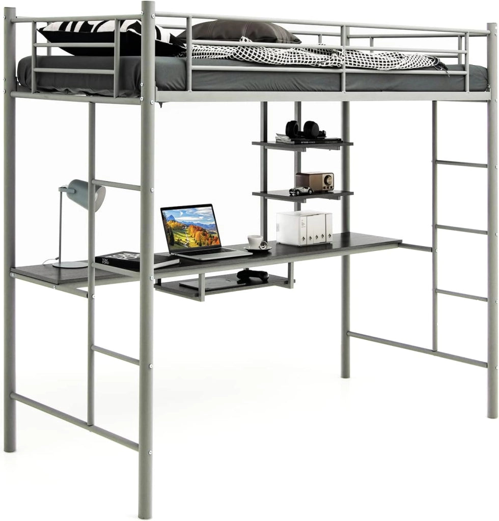Letto a castello con scrivania, 200 x 95 x 180,5 cm, letto a castello per bambini con 2 scale e griglia di protezione alta, letto a soppalco, telaio in metallo, carico 150 kg (grigio argento)