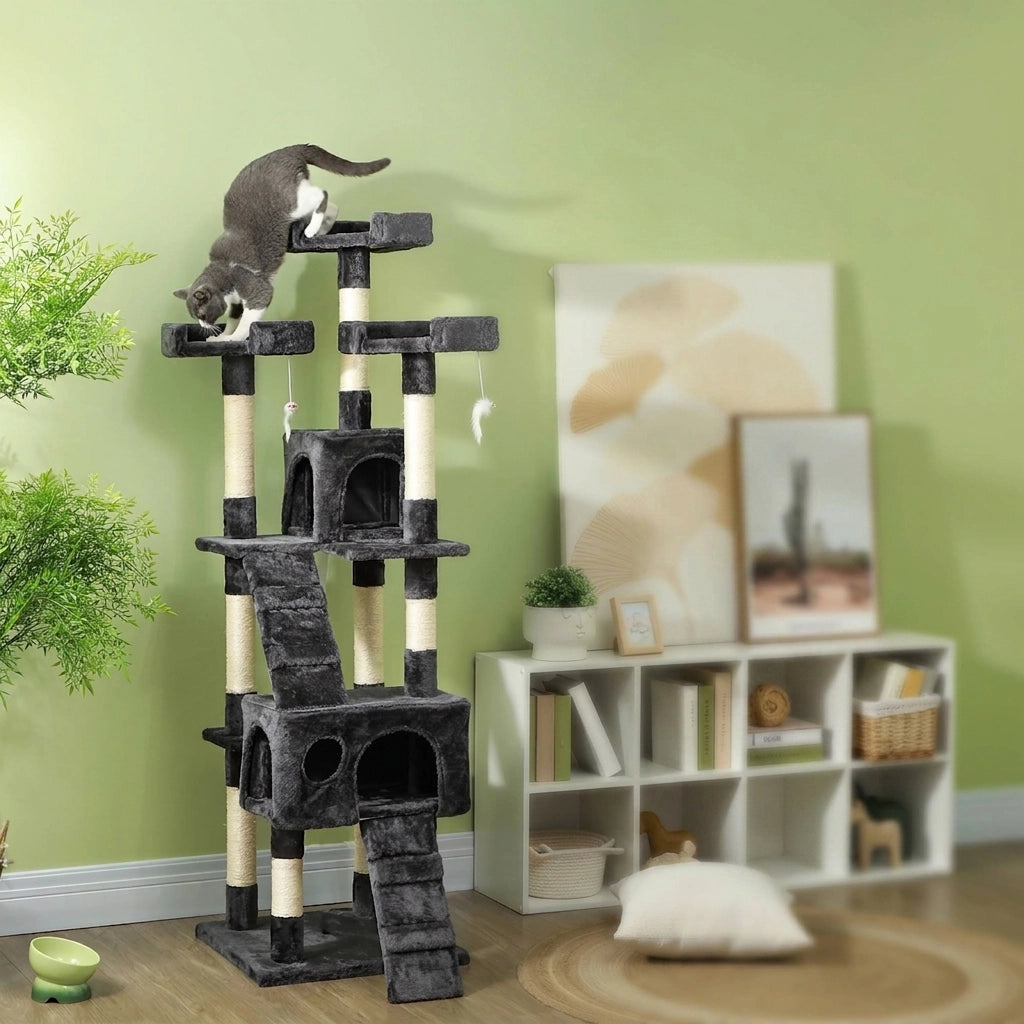 Albero Tiragraffi Multipiano con 2 Cucce e Scalette; 49x49x173 cm Grigio