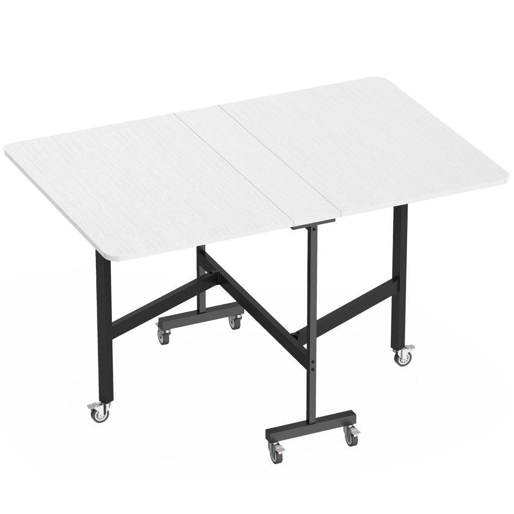 Tavolo Pieghevole per 4-6 Persone 120x80x73 cm con 2 Ribalte e Ruote con Freno Struttura in Acciaio Bianco Legno