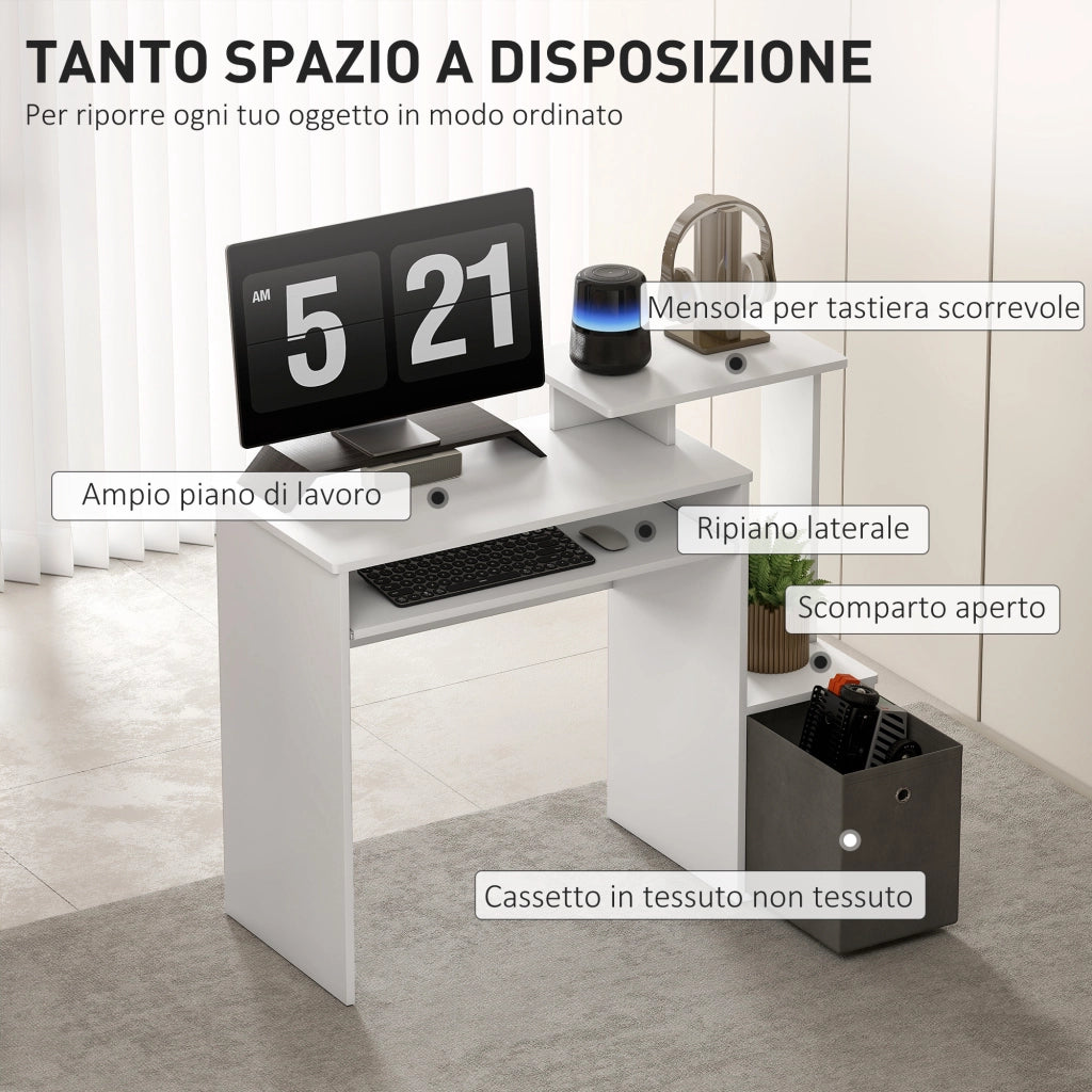 Scrivania Moderna per PC con Mensola Porta Tastiera, Ripiano e Cassetto in Tessuto, in Legno, 100x40x86.6cm, Bianco