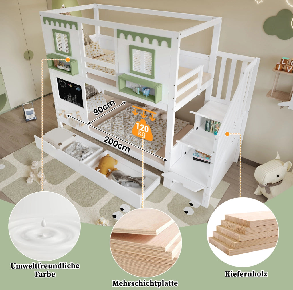 Letto a castello per bambini con cassetti e scala contenitore