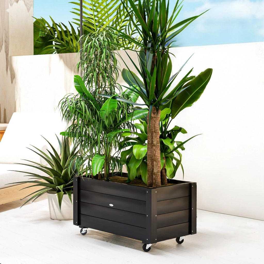 Fioriera da Giardino con Foro di Drenaggio e Rotelle, in Legno di Abete, 89x48x47 cm, Nera