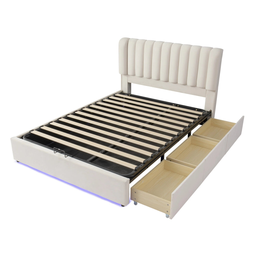 Letto con Cassetti 140x200 cm con Contenitore; 3 Cassetti e LED - in Velluto - Beige