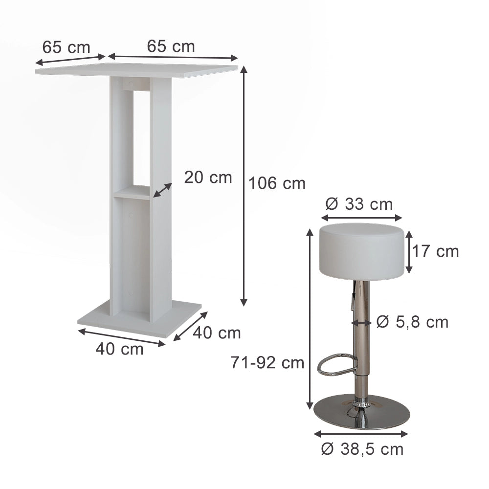 Vicco tavolo bar con sgabelli Bianco 65 x 65 cm con 2 sgabelli da bar