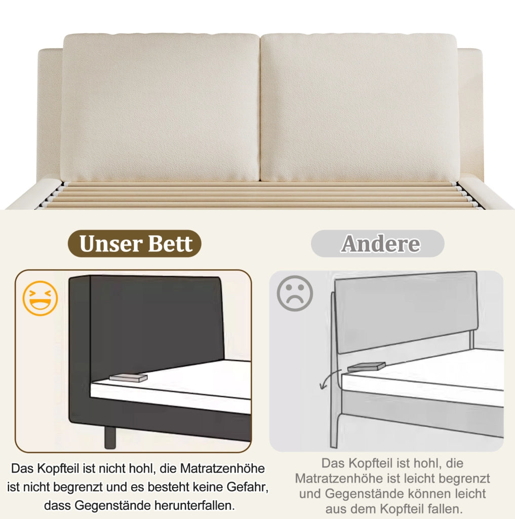 Letto matrimoniale imbottito beige in bouclé con vano contenitore