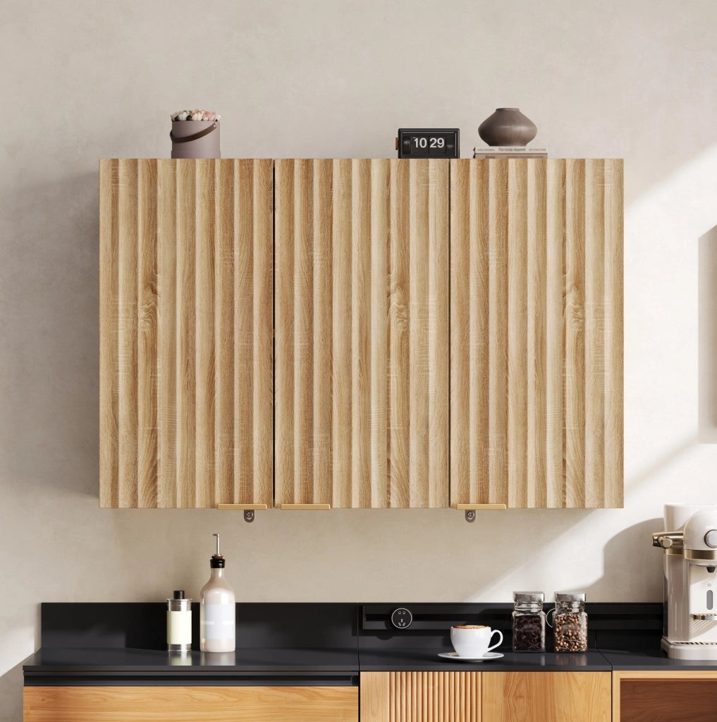 Mobile pensile da parete a 3 ante in MDF naturale, 90 × 29 × 60 cm