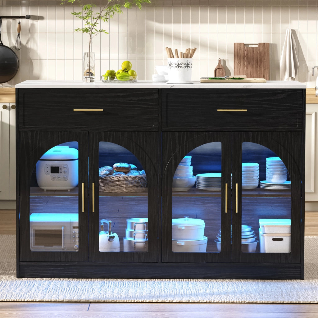 Carrello da cucina con LED, 2 cassetti, ante trasparenti e ripiani regolabili, per cucina e sala da pranzo, nero